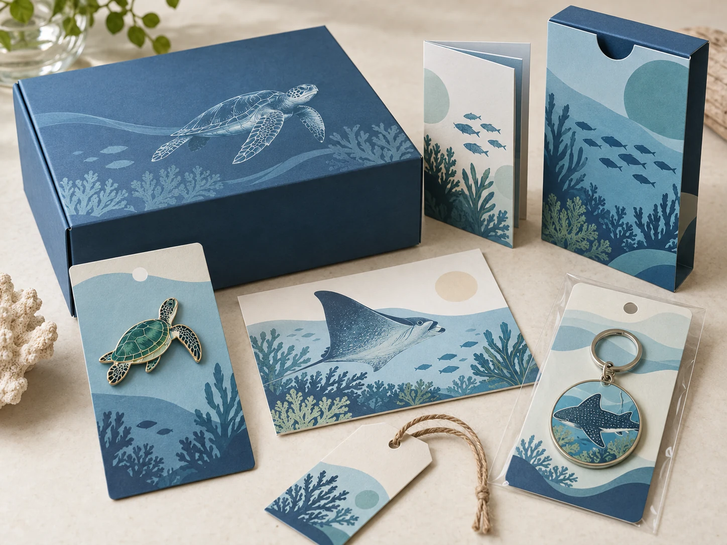 Aquarium merchandise packaging with marine species backing cards, educational inserts, gift box and coordinated retail presentation