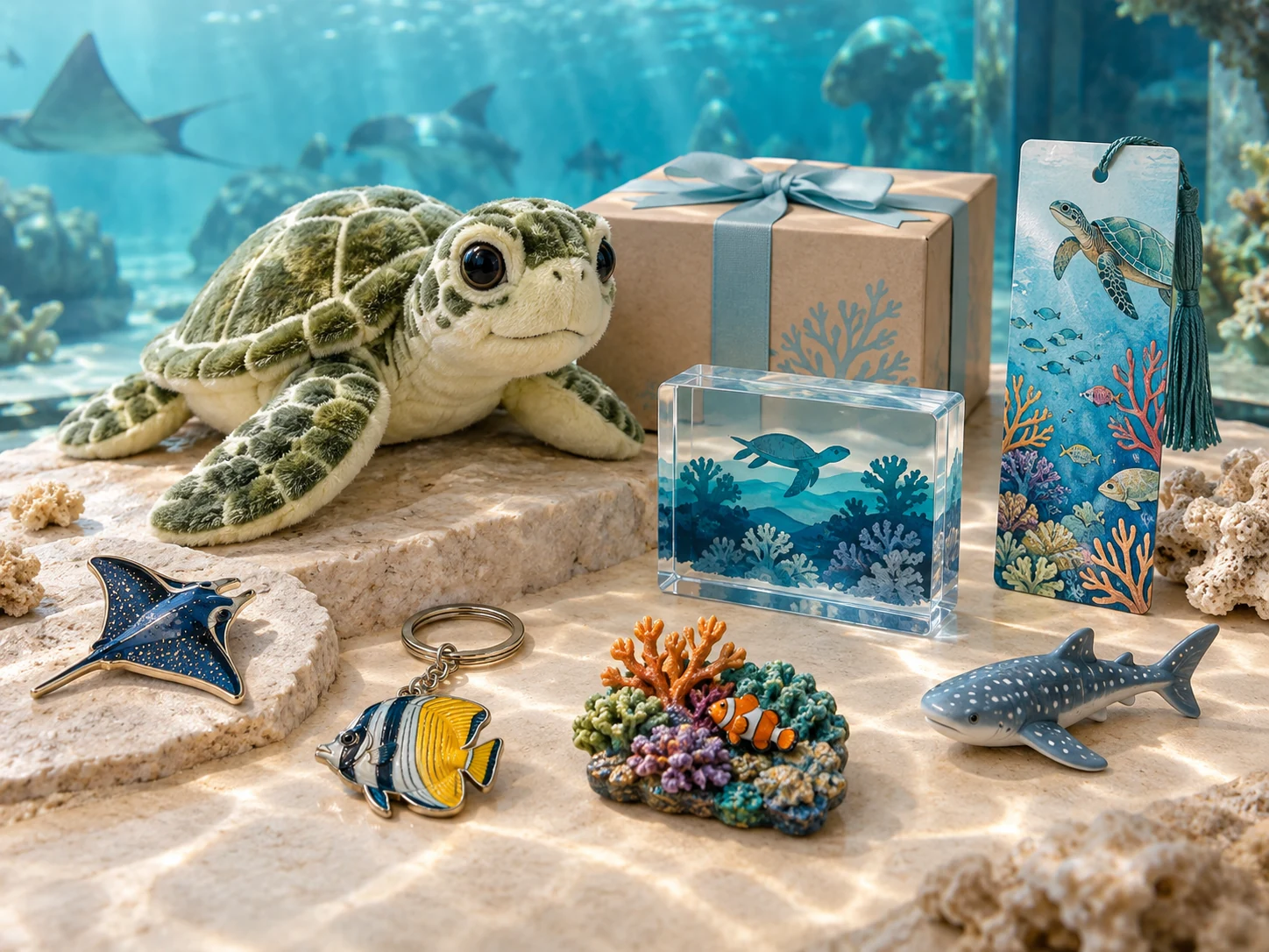 A coordinated aquarium merchandise collection with marine animal plush, pins, keychains, magnets, acrylic keepsakes, a small figure, educational card and gift packaging