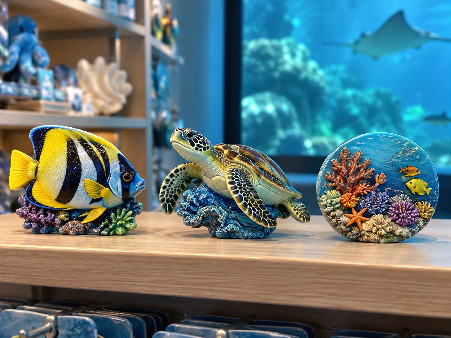 Layered transparent acrylic marine-life keepsakes presented in an aquarium shop