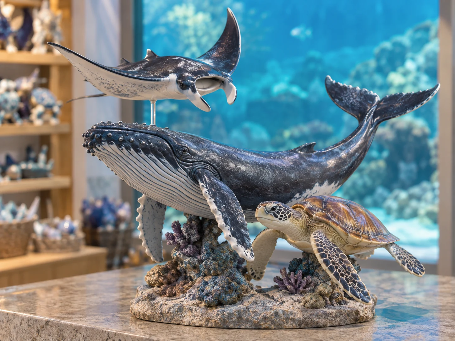 Marine-life illustrated bookmarks arranged for aquarium retail