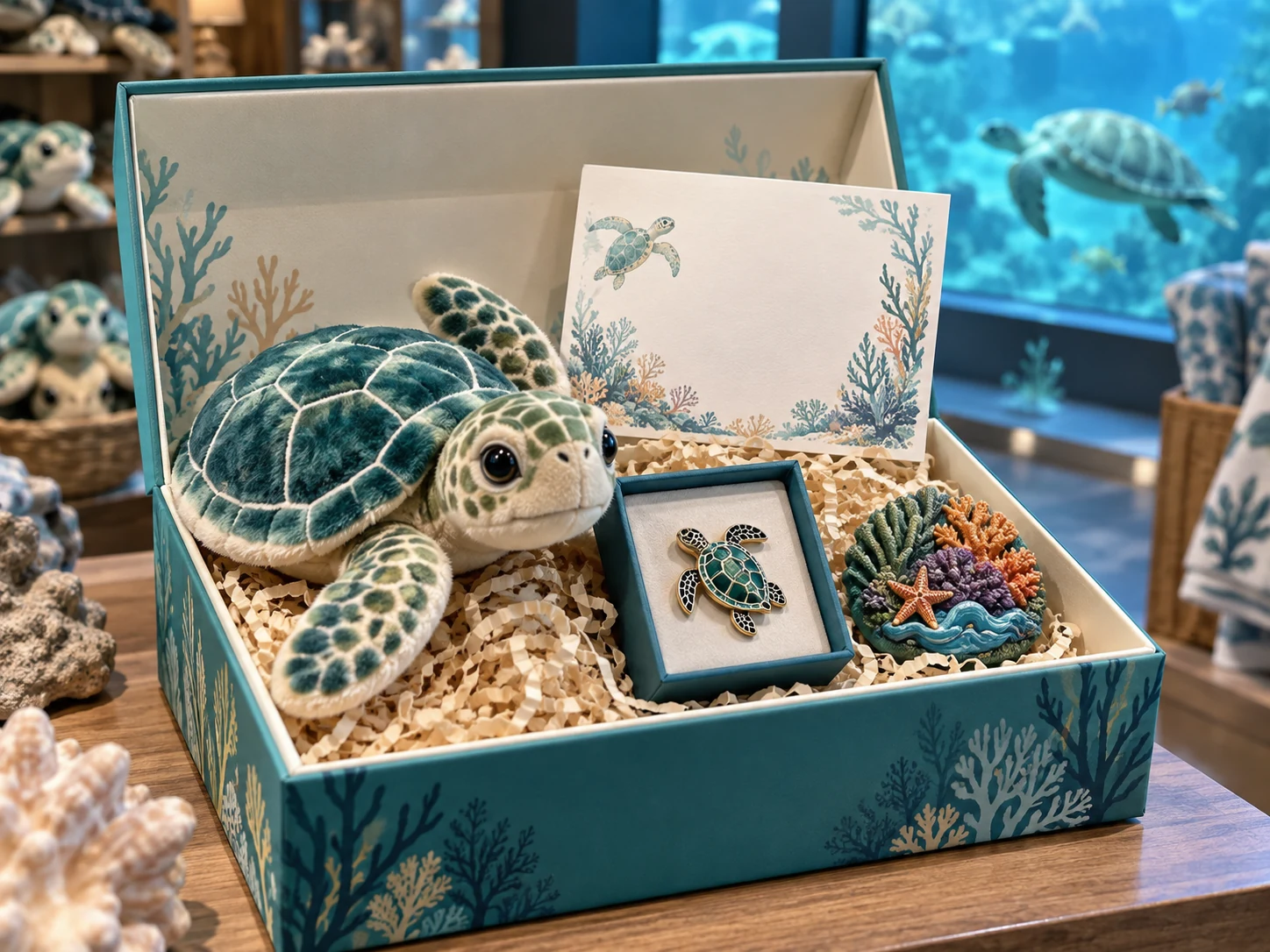 Aquarium gift set with plush, pin, educational card and small marine collectible