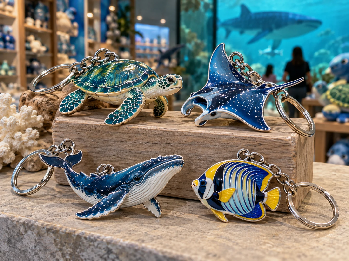 Coordinated sea turtle, ray, whale and fish keychains for aquarium retail