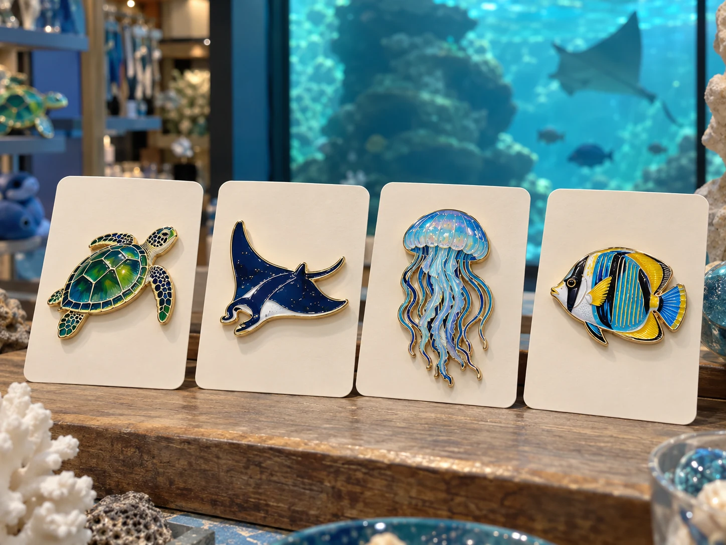 Marine species enamel pins displayed on aquarium-themed backing cards