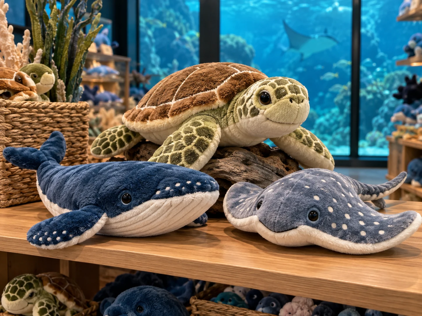 Aquarium gift-shop assortment of sea turtle, ray, whale, penguin and fish plush