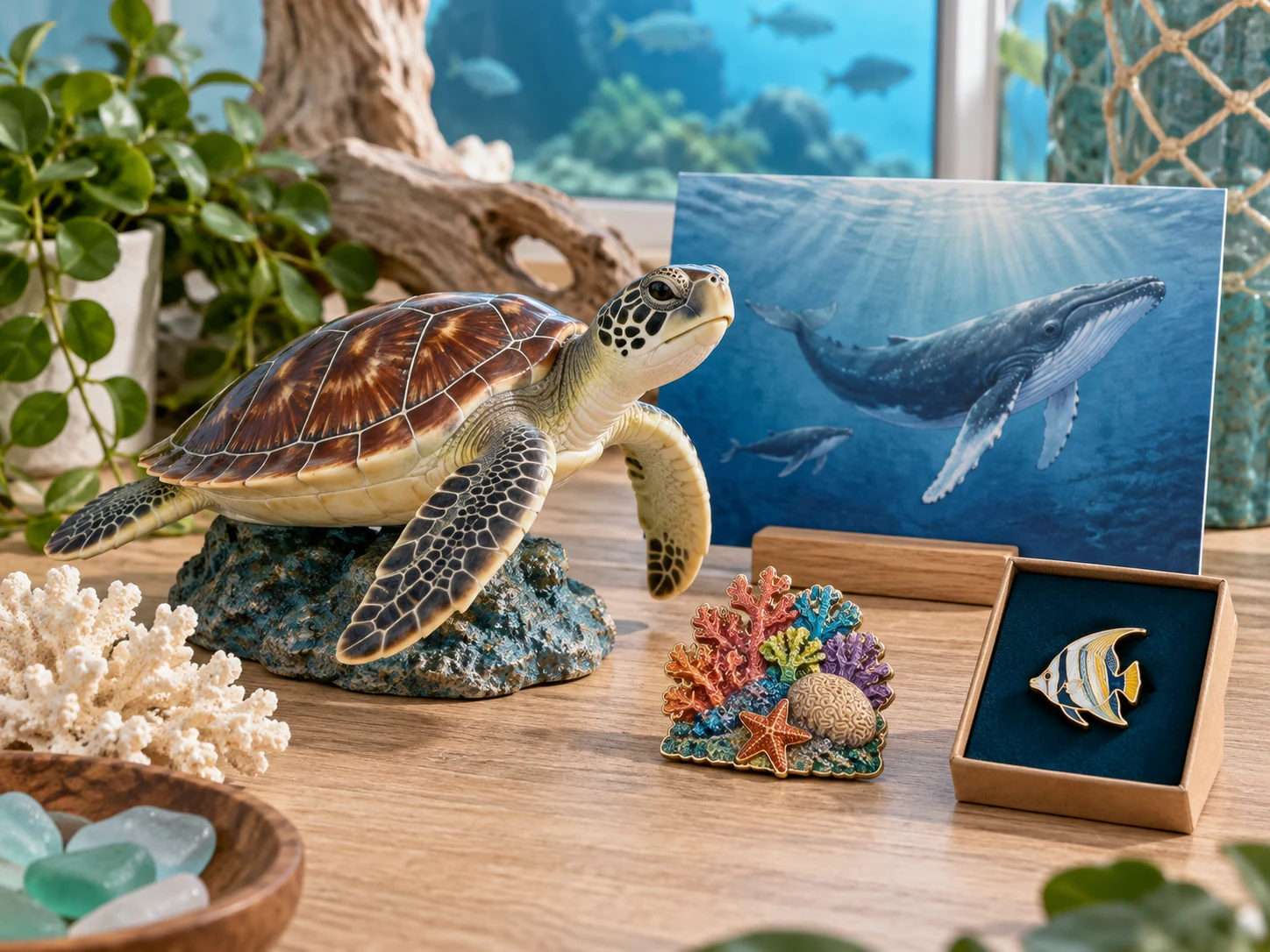Sea turtle conservation merchandise with educational species cards and coordinated keepsakes