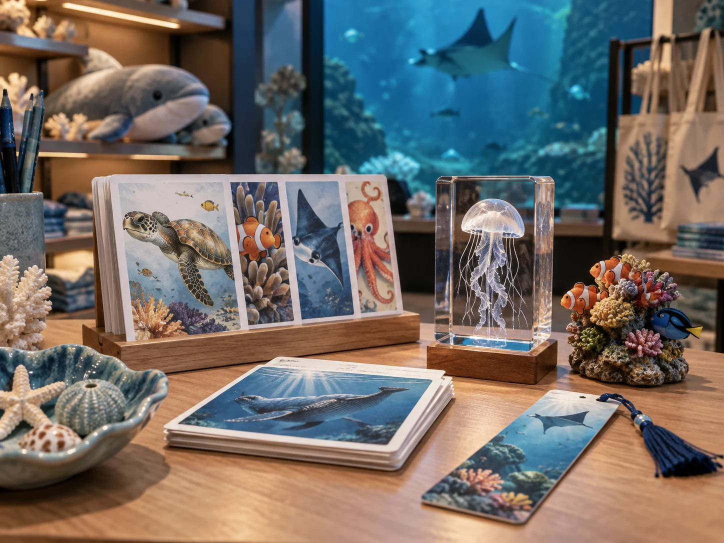 Aquarium learning products including illustrated marine bookmarks, fact cards and acrylic keepsakes