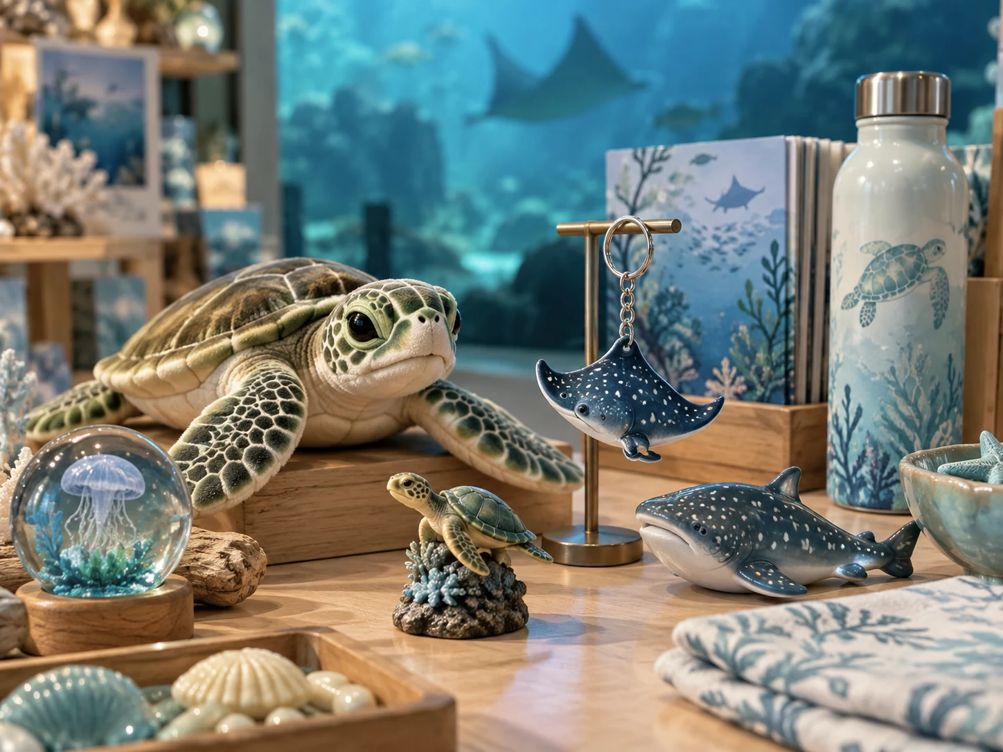 Family-friendly aquarium merchandise with a small plush, marine keychains and friendly figures