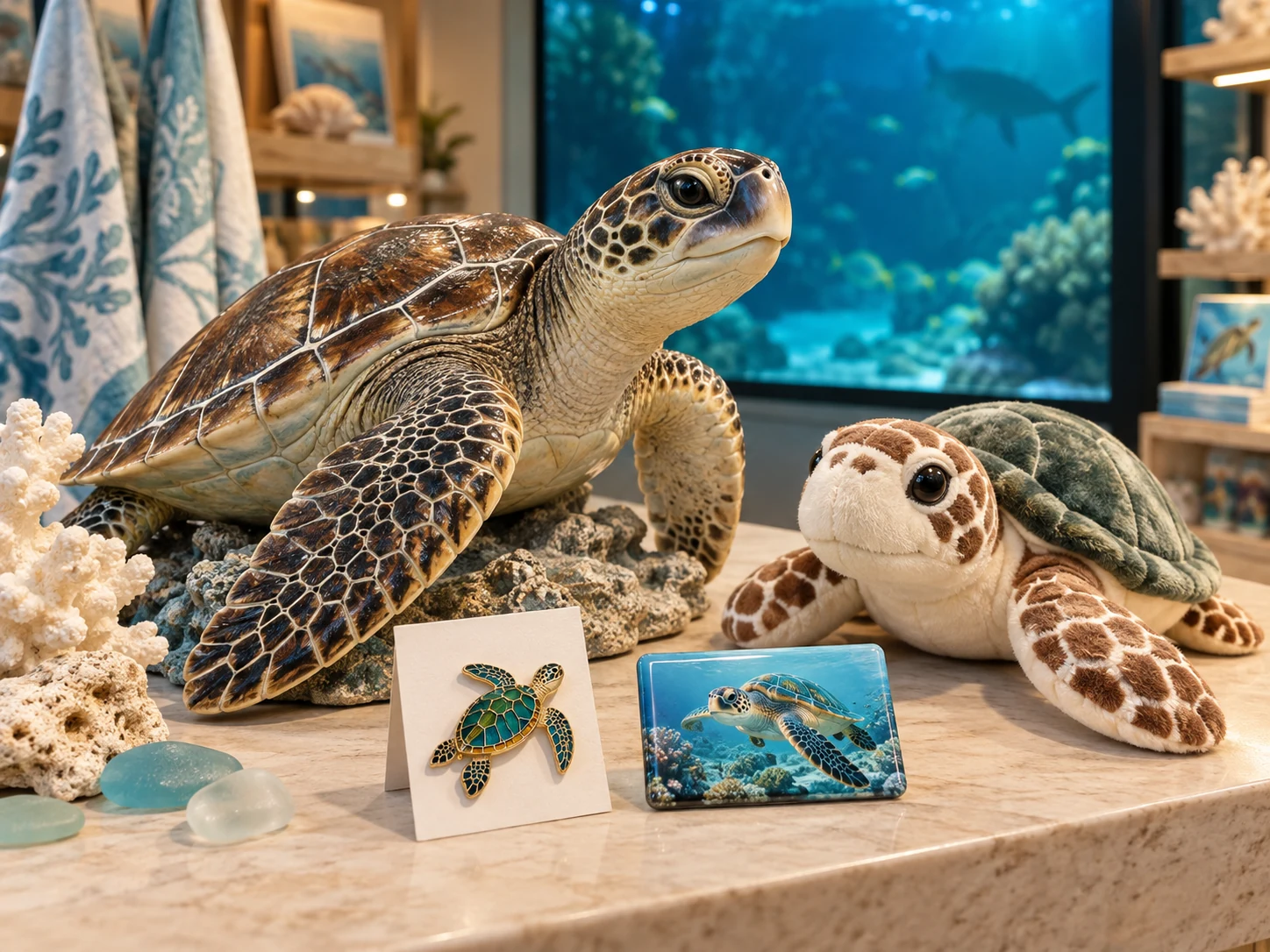 Aquarium visitor merchandise collection centered on a sea turtle with plush, pin, figure and magnet formats