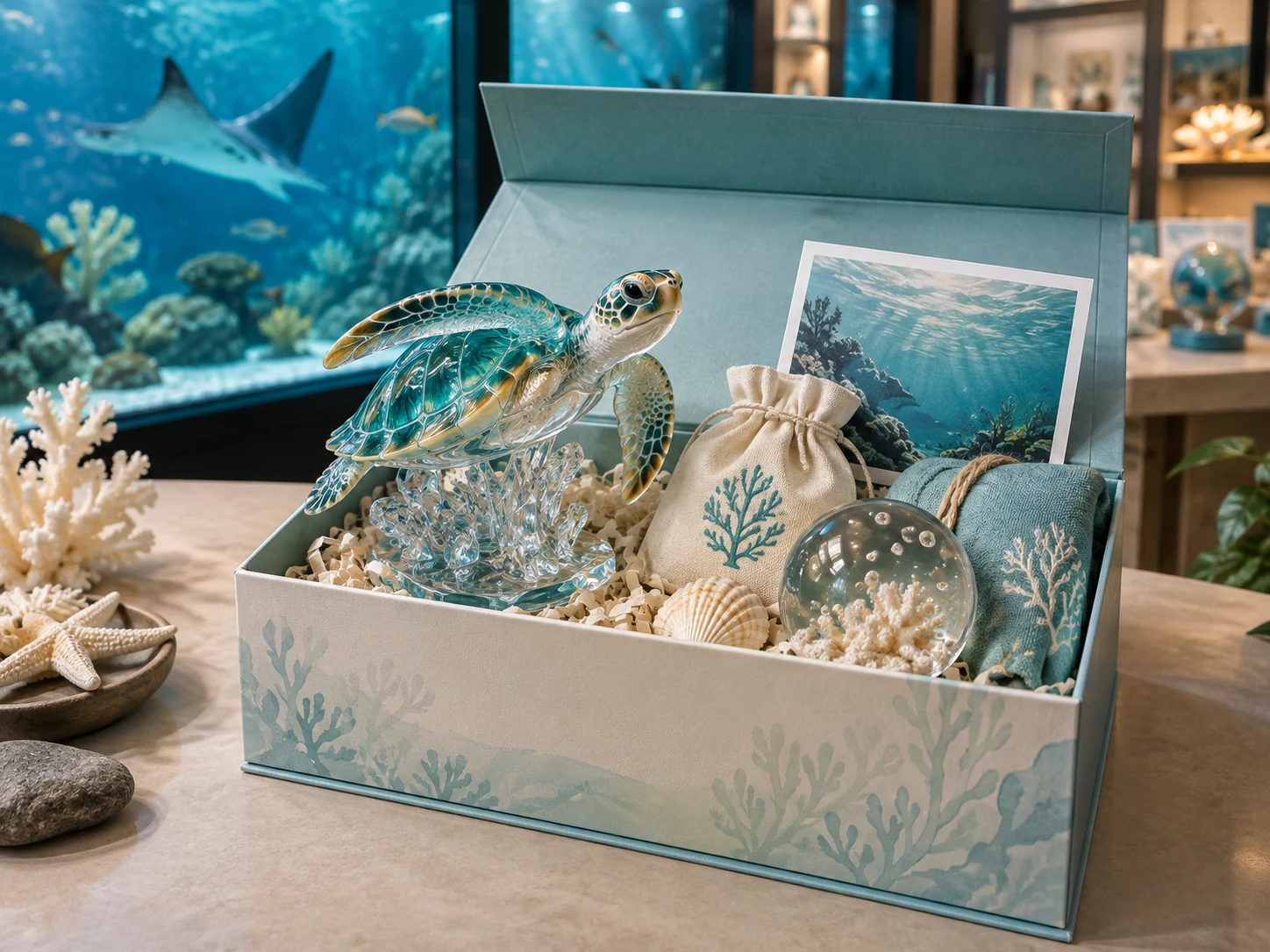 Premium ocean gift presentation with marine figure, acrylic collectible and story card
