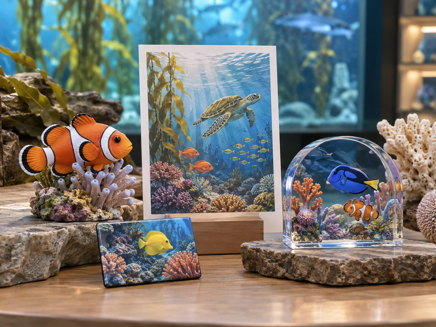 Marine merchandise inspired by a coral reef habitat and its related species