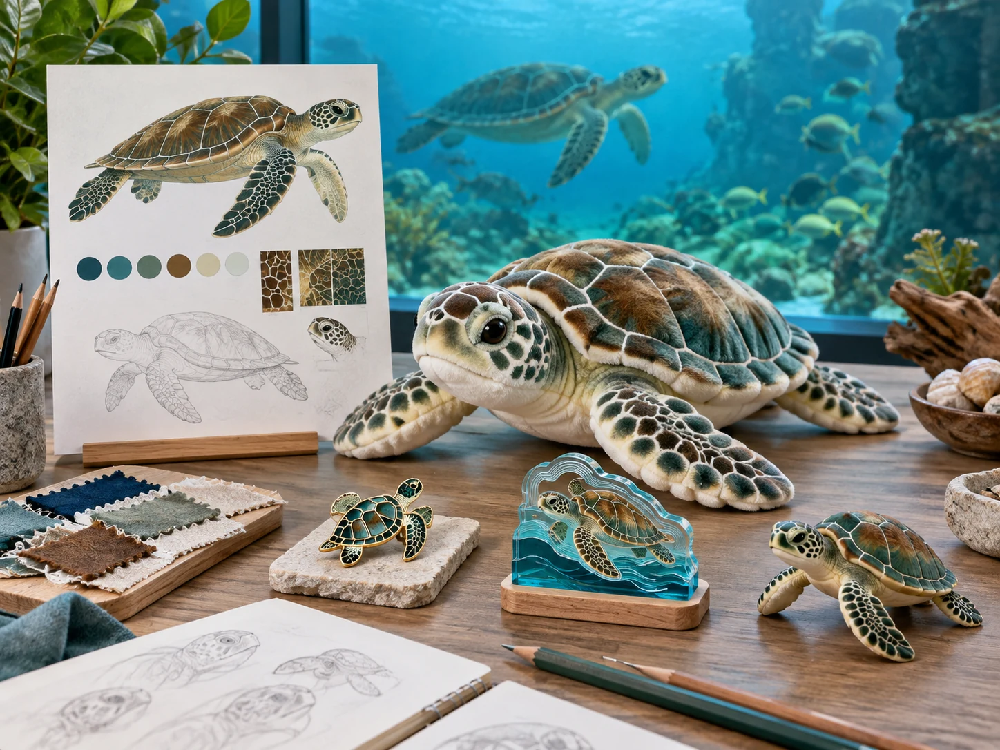 Sea turtle reference, color and material exploration, and coordinated aquarium merchandise interpretations
