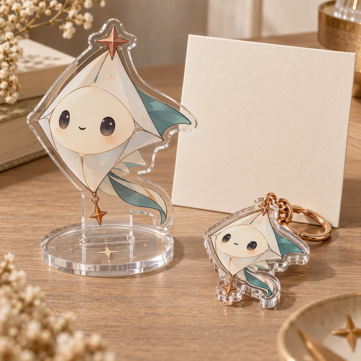 Original character acrylic standee and layered charm with clear polished edges