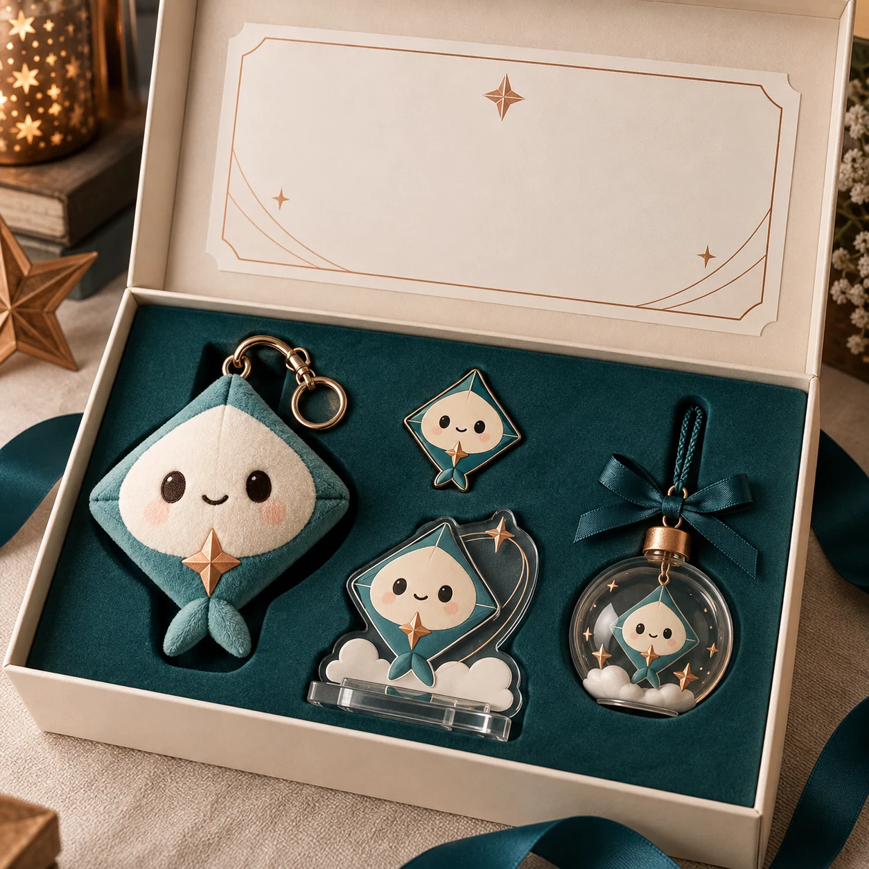Open fitted presentation box with coordinated original character plush, pin, acrylic standee and ornament