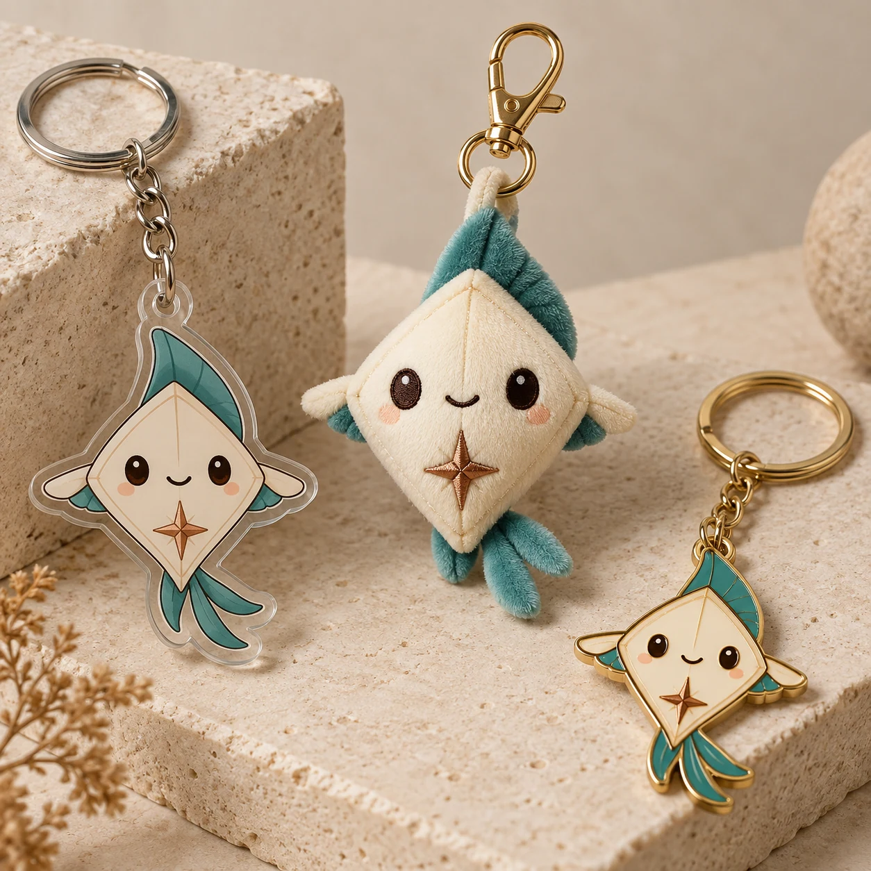 Coordinated mascot acrylic, plush and metal keychains with clean hardware