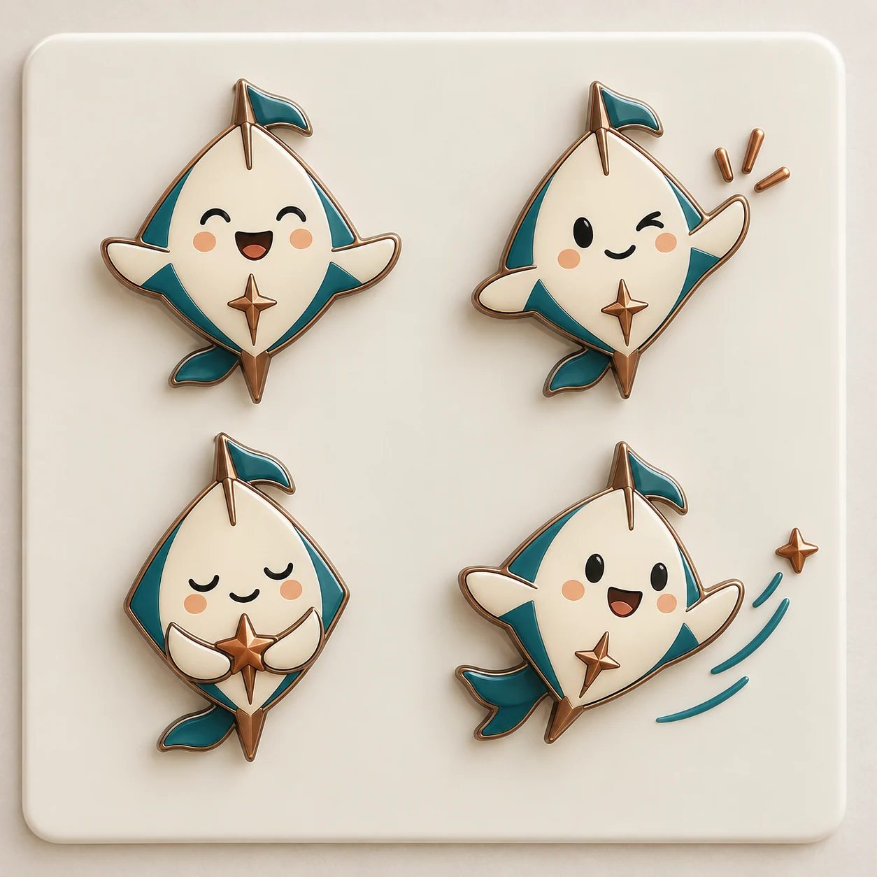 Four original character magnets displayed on a warm ivory panel
