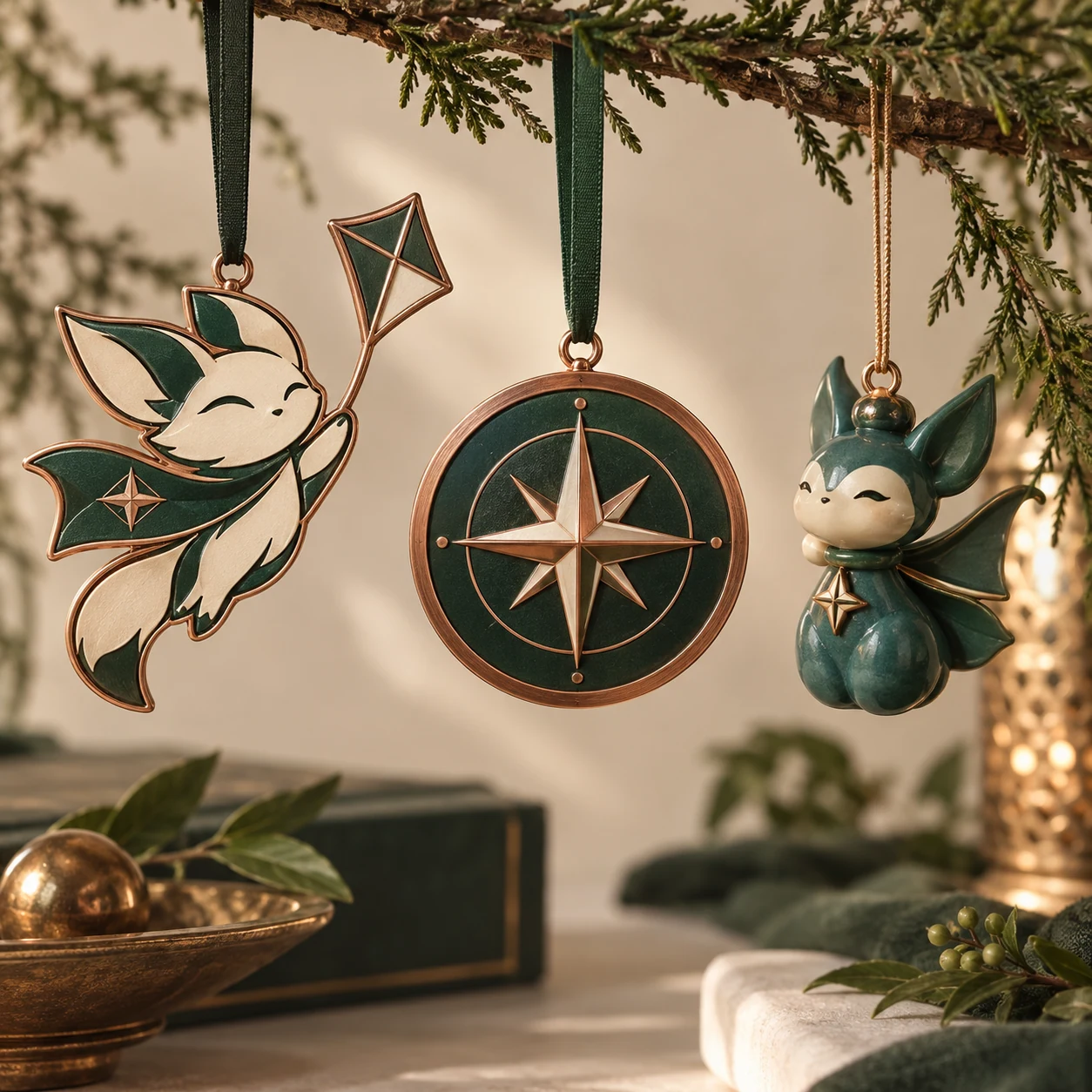 Three distinct mascot and compass-star ornaments presented as a refined collectible assortment