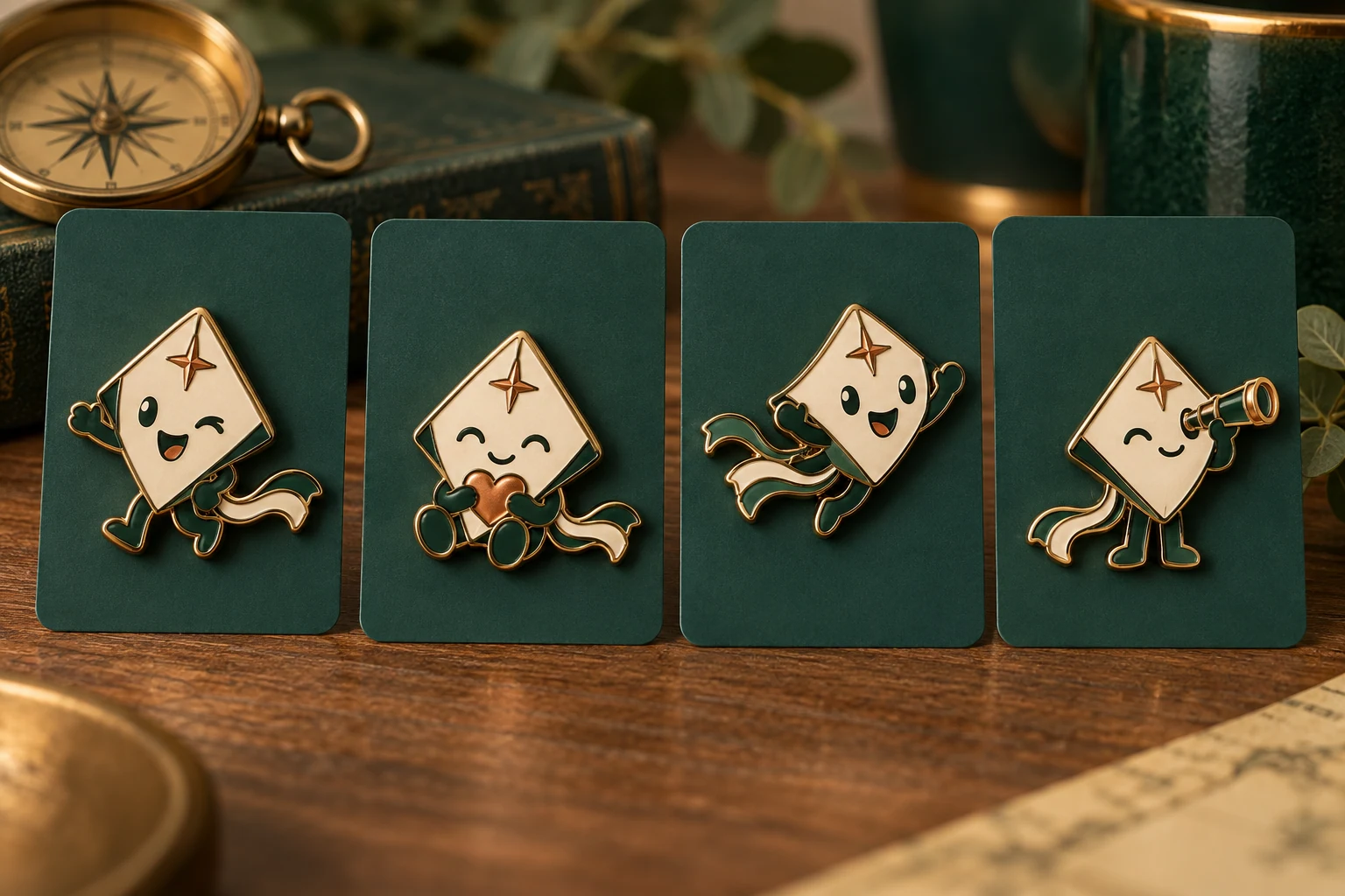 Four original compass-kite character enamel pins on blank deep-teal backing cards