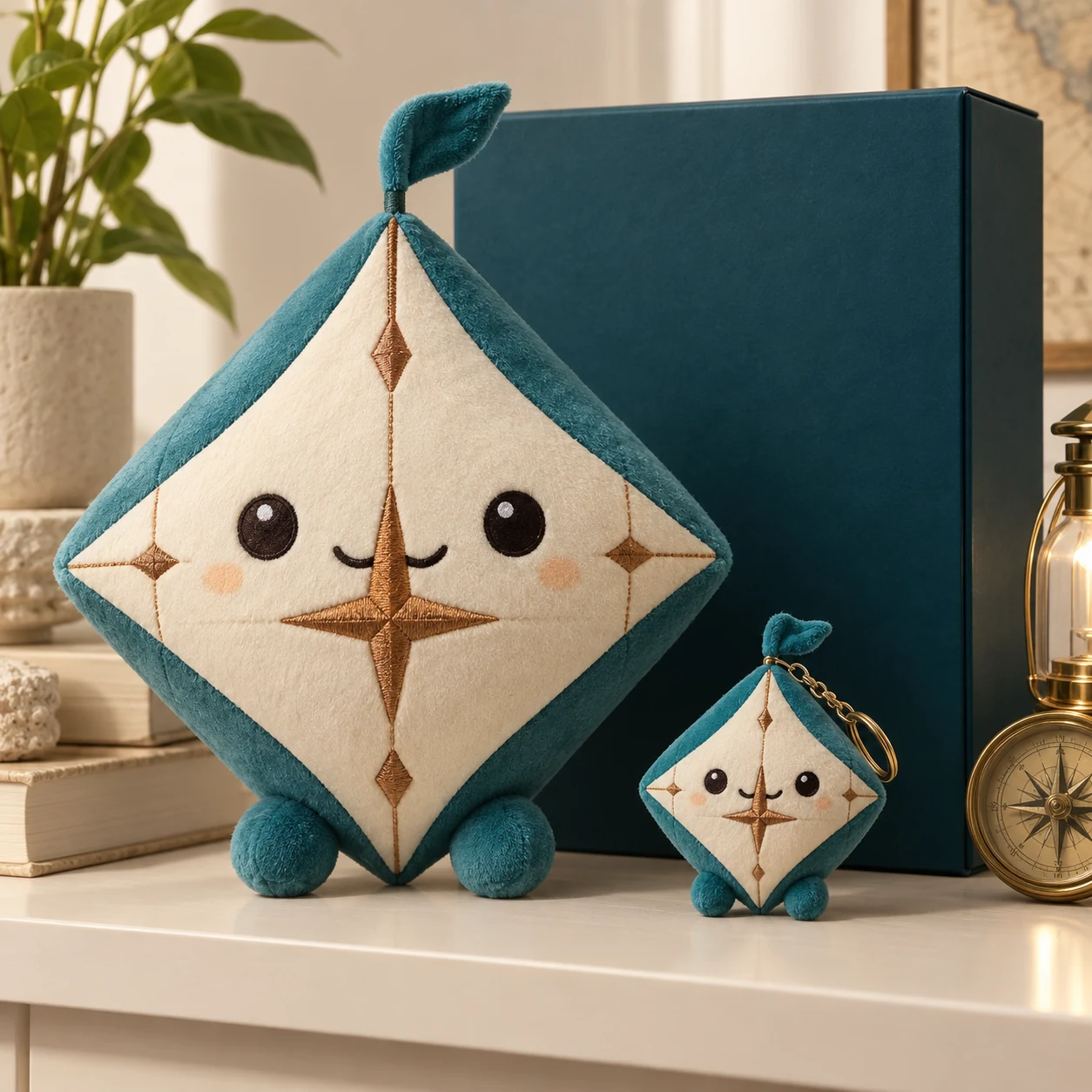 Original compass-kite mascot plush and small plush charm beside blank deep-teal packaging