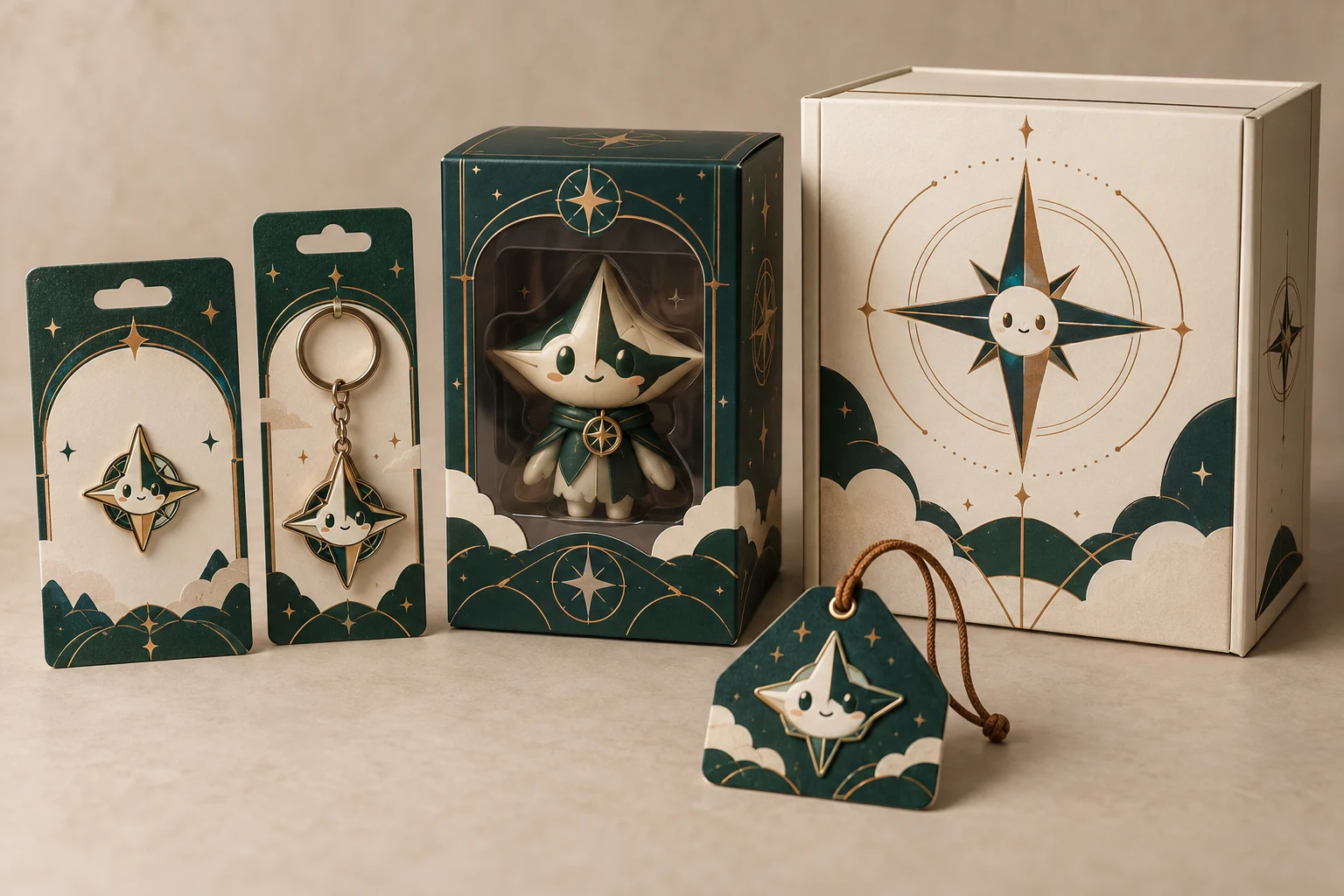 Coordinated fictional character packaging including blank backing cards, figure box, plush tag, insert and rigid gift box