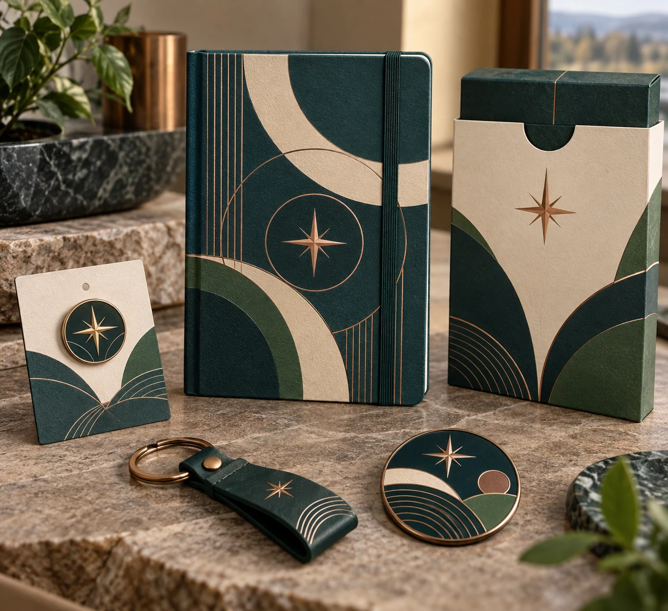 A coordinated fictional geometric brand identity applied to notebooks, pins, magnets and a key fob