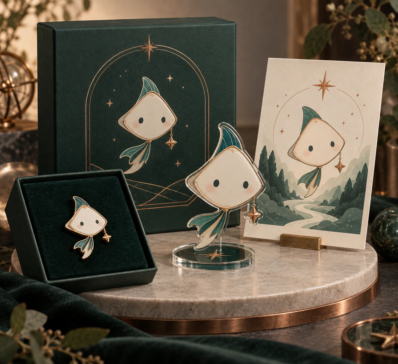 A coordinated original character launch collection with pin, acrylic display and gift packaging