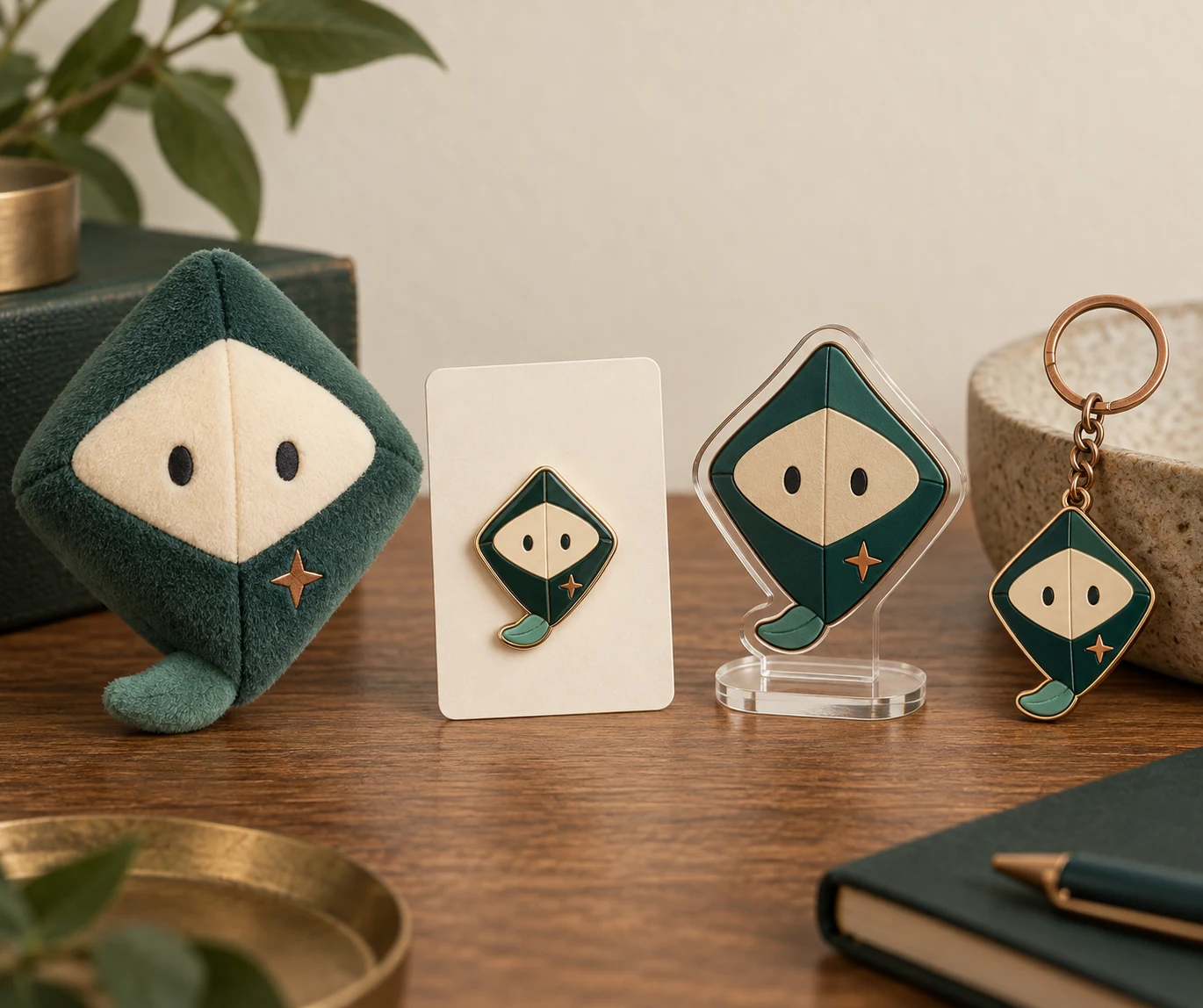 An original compass-kite character translated into plush, pin, acrylic and keychain merchandise