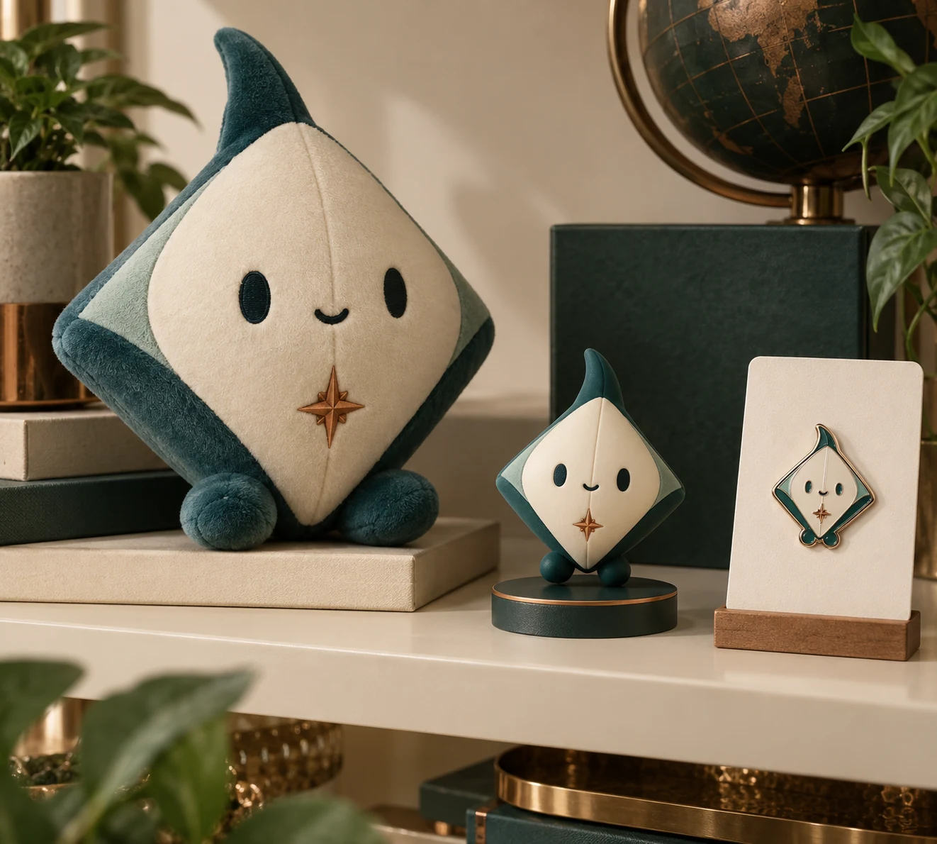 A fictional compass-kite mascot shown as a plush, small figure and enamel pin