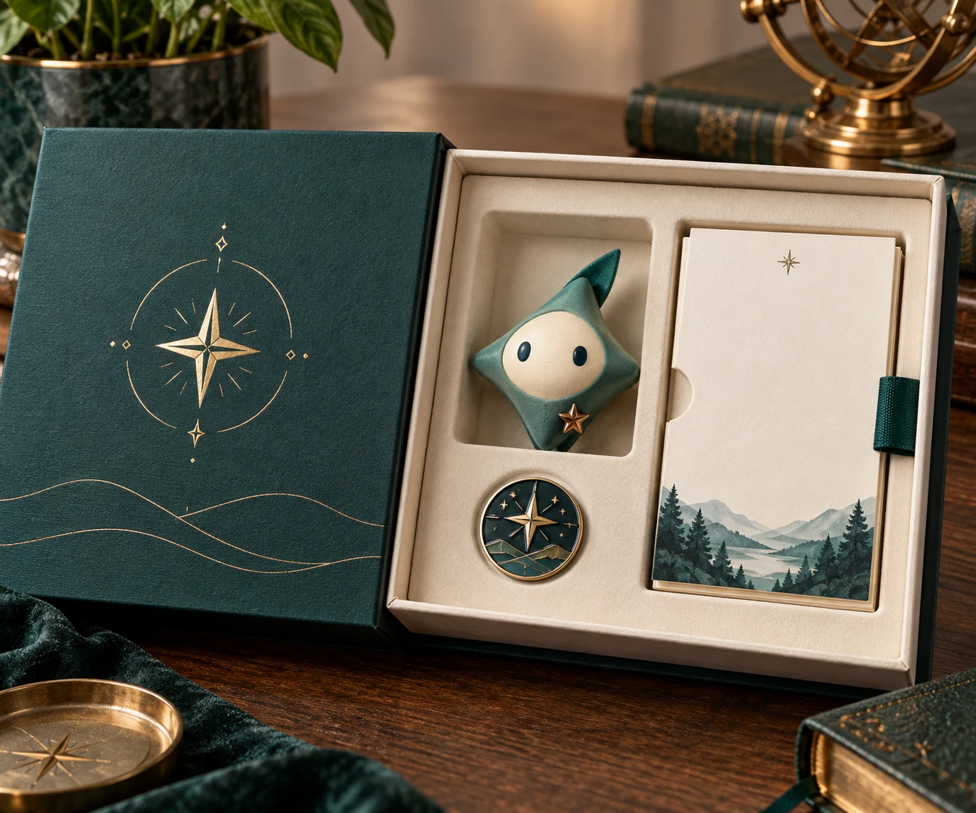 A collectible original mascot figure in a fitted presentation box with a pin and story insert