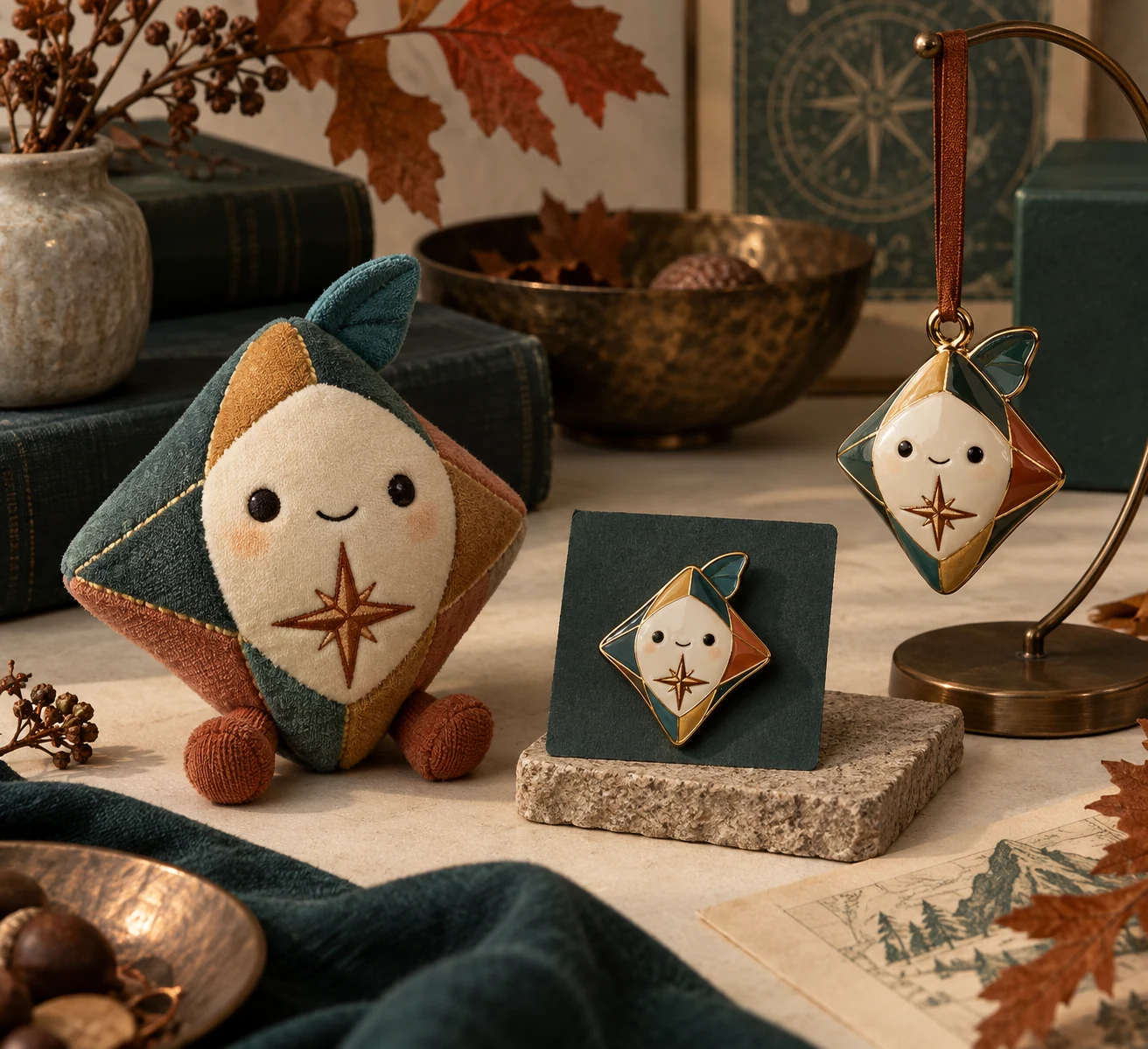 A fictional mascot seasonal edition shown across plush, ornament and enamel pin formats