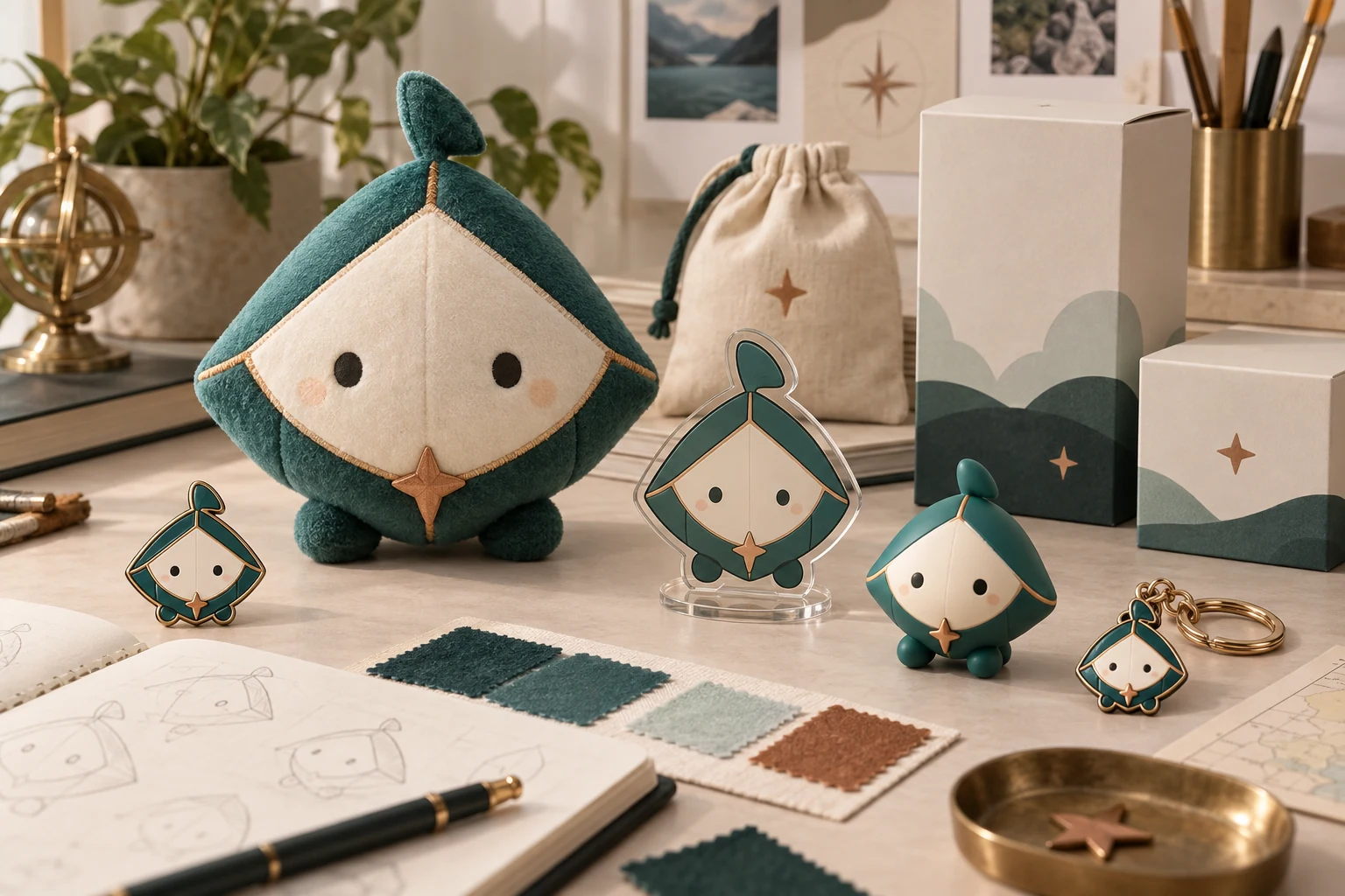One original compass-kite mascot translated across plush, acrylic, a figure, keychain and pin prototypes with consistent visual details