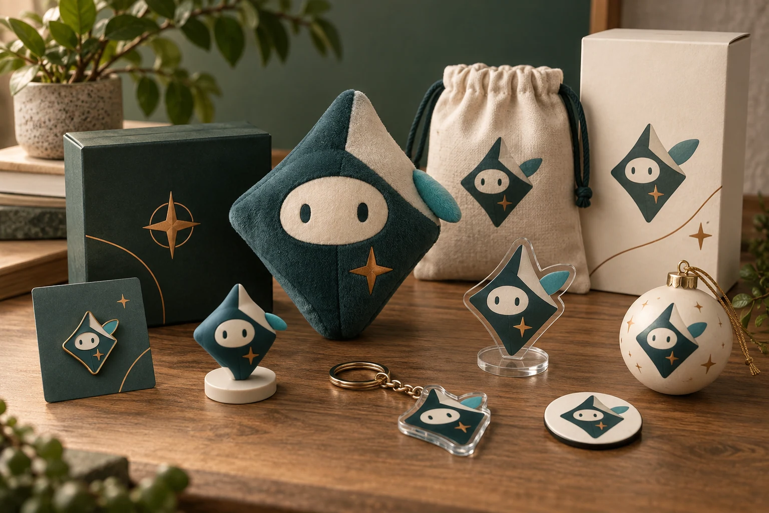 One original compass-kite character identity coordinated across plush, pin, acrylic standee, keychain, figure, magnet, ornament and gift packaging