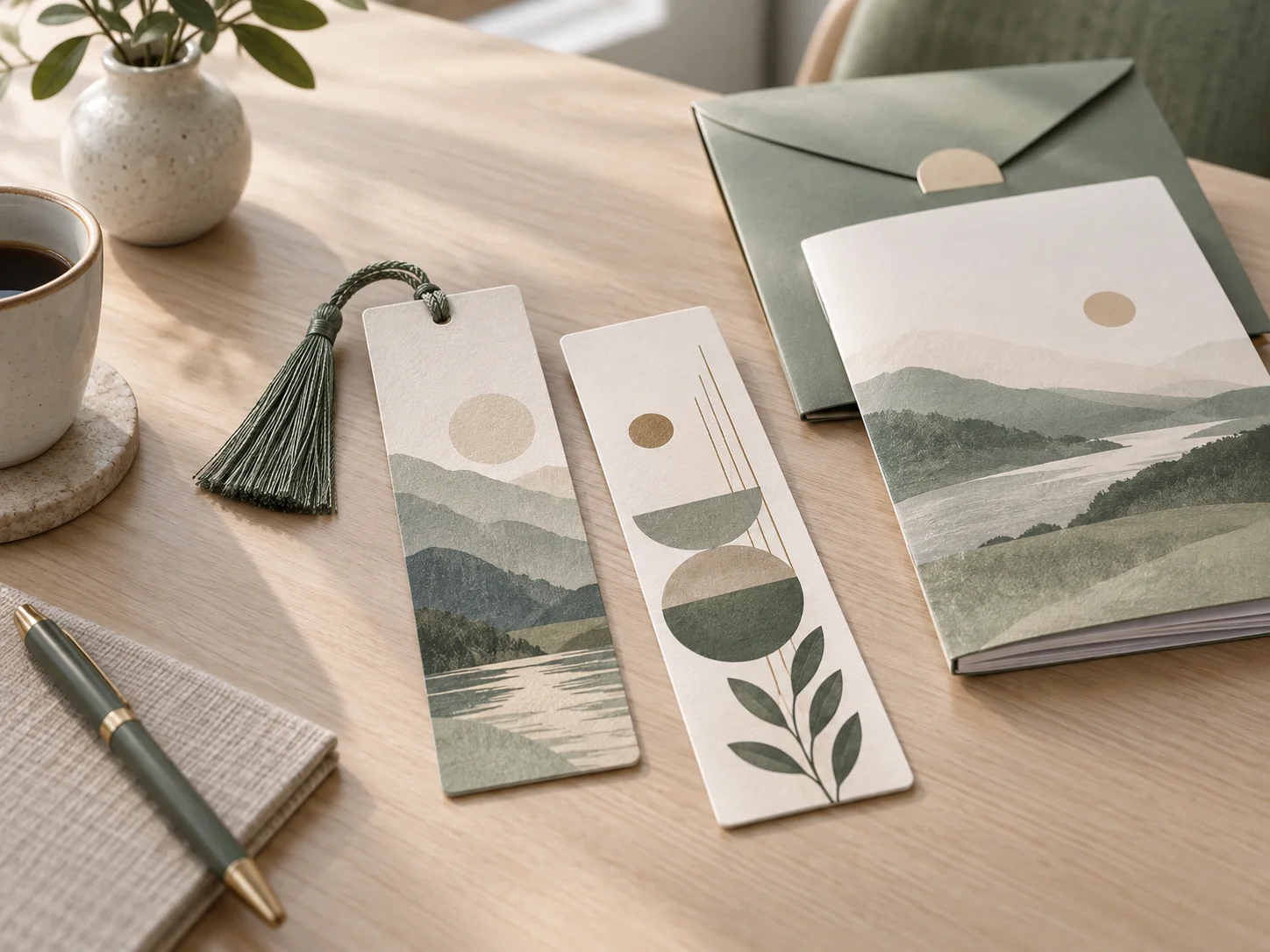 Custom bookmarks presented with corporate stationery and an insert card