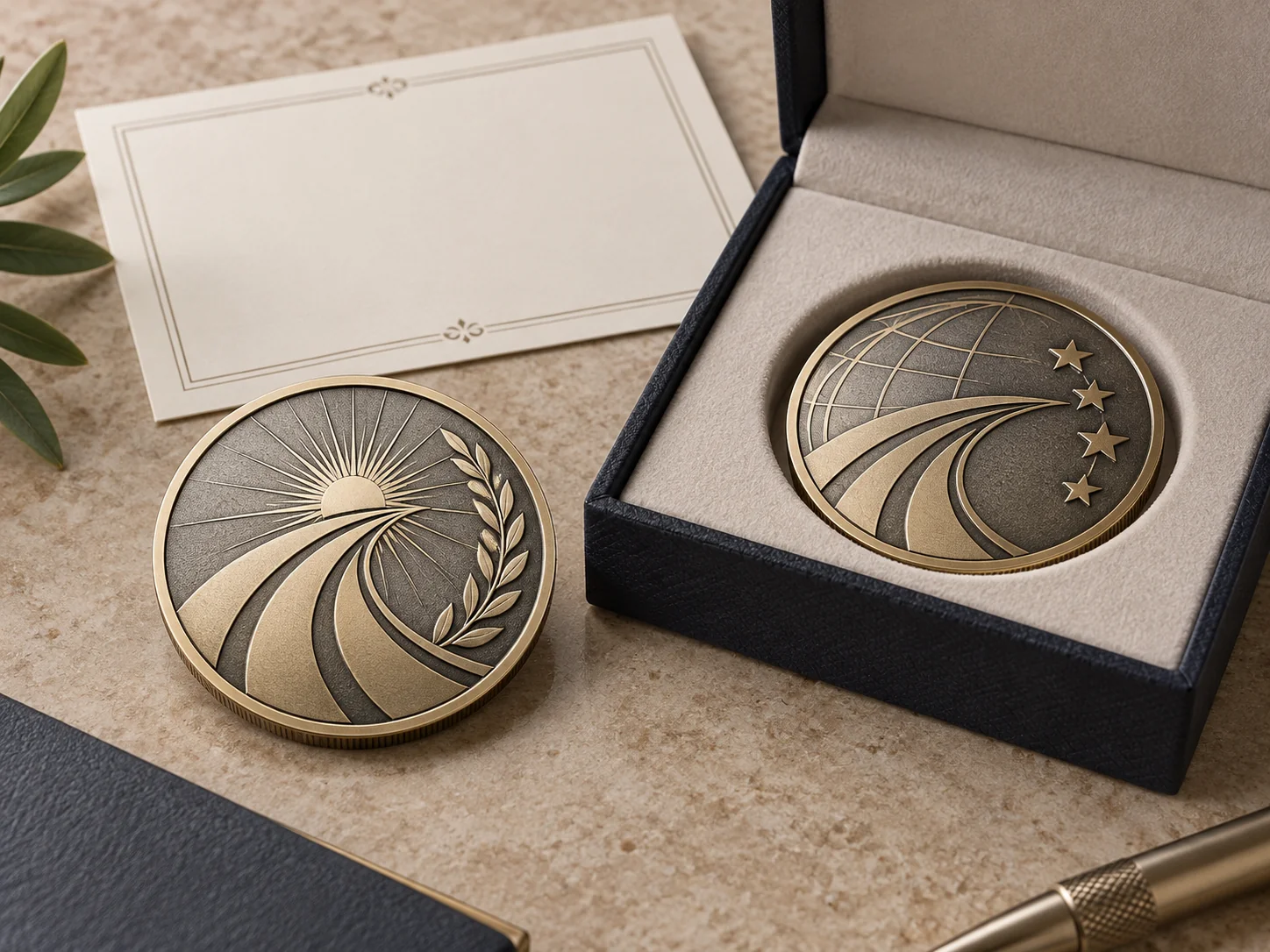 Commemorative metal coins with detailed relief and finish
