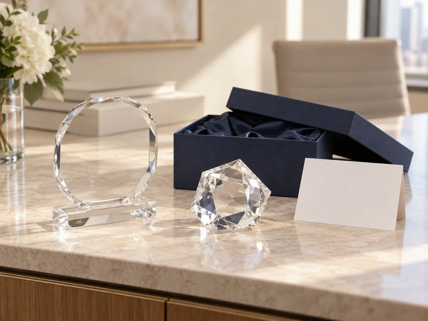 Crystal recognition and decorative products presented with a fitted box