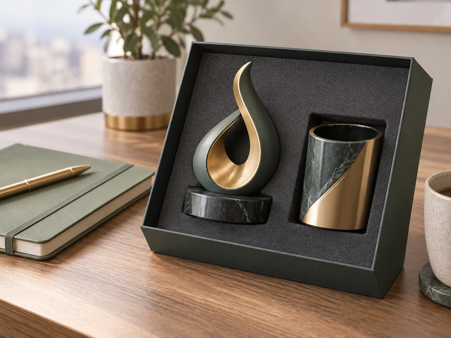 Dimensional figures and desk objects arranged in a business gift presentation