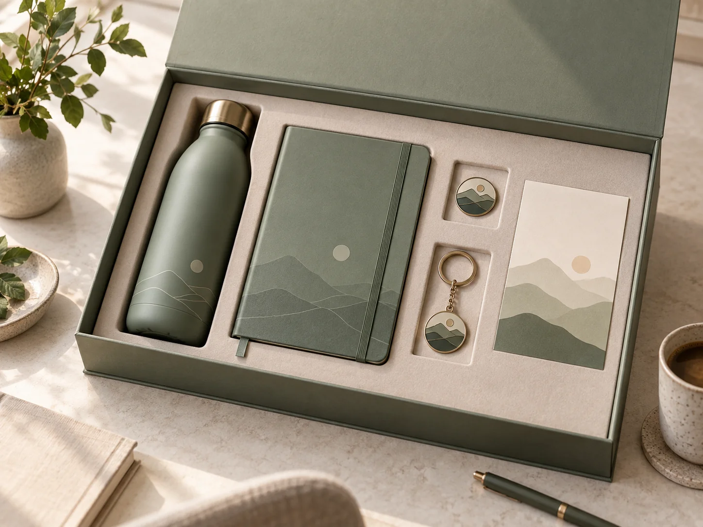 A corporate gift set with coordinated products arranged in presentation packaging