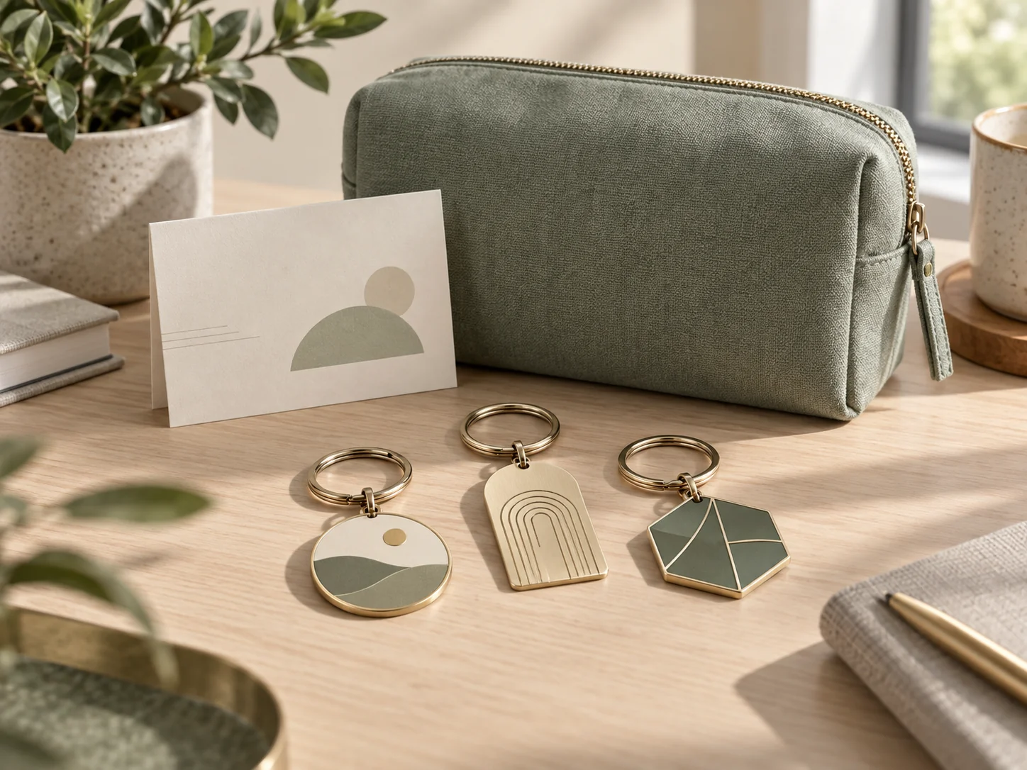 Custom keychain formats presented with a corporate gift pouch