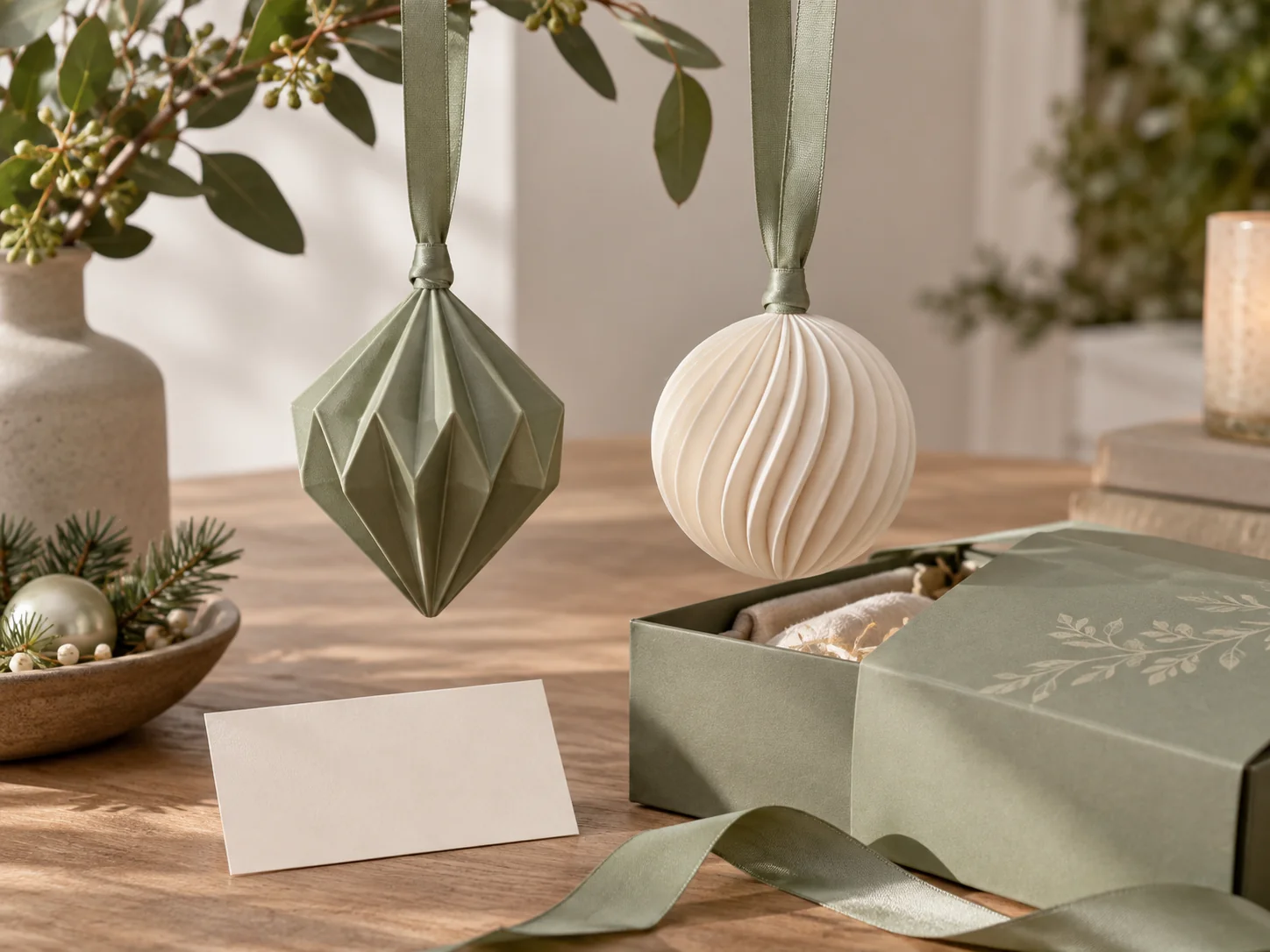 Custom hanging ornaments with ribbon attachments and presentation packaging
