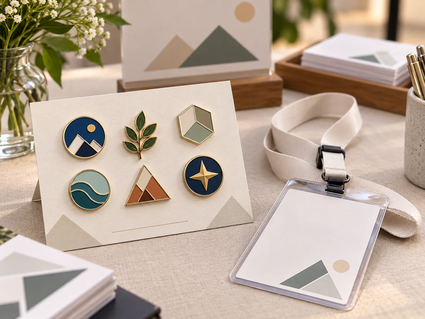 Custom pins and event badges arranged on presentation cards