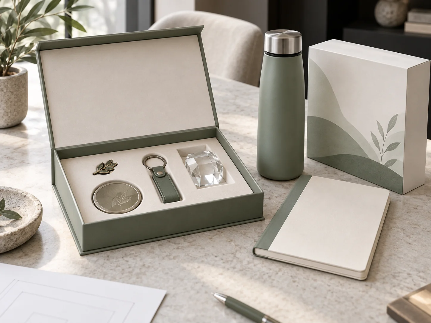 A coordinated fictional business merchandise program with gift packaging, practical items and keepsakes
