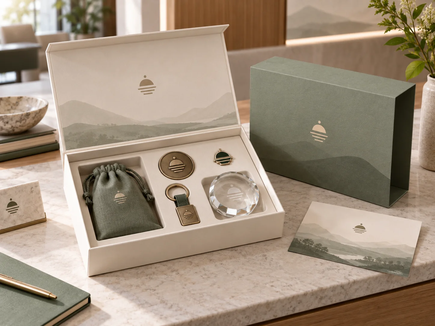 Corporate gift packaging with a structured box, insert card, coordinated products and a presentation sleeve