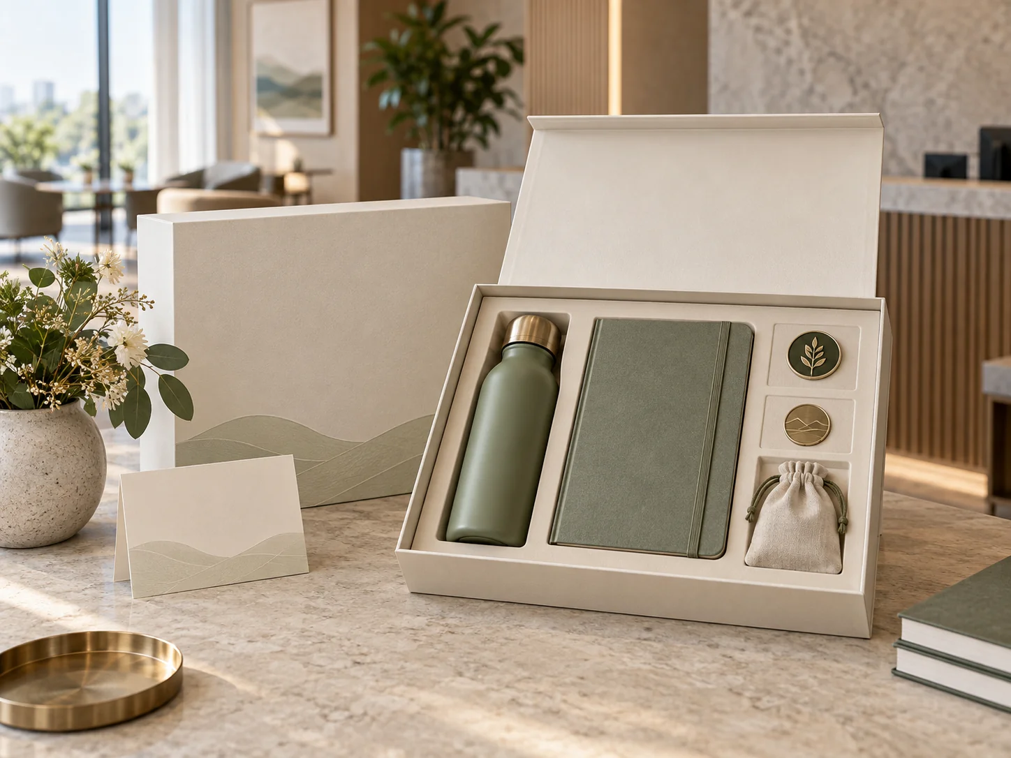 A coordinated corporate gifting program with practical merchandise, a gift box and presentation insert