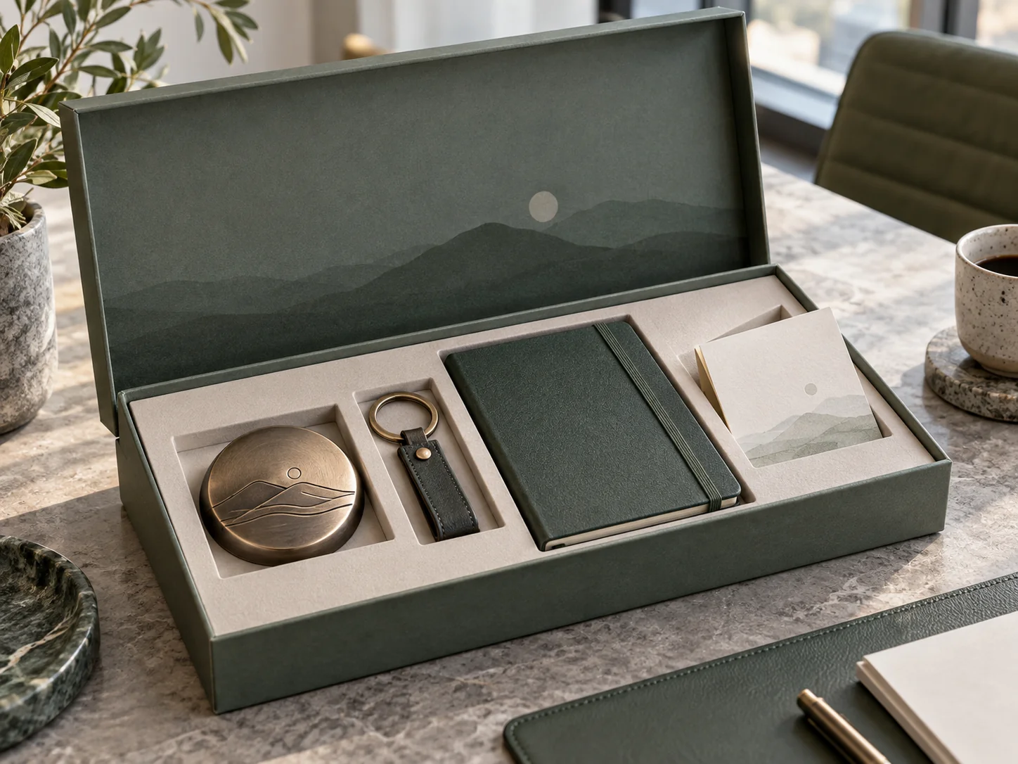 A refined client and partner gift presentation with coordinated keepsake products
