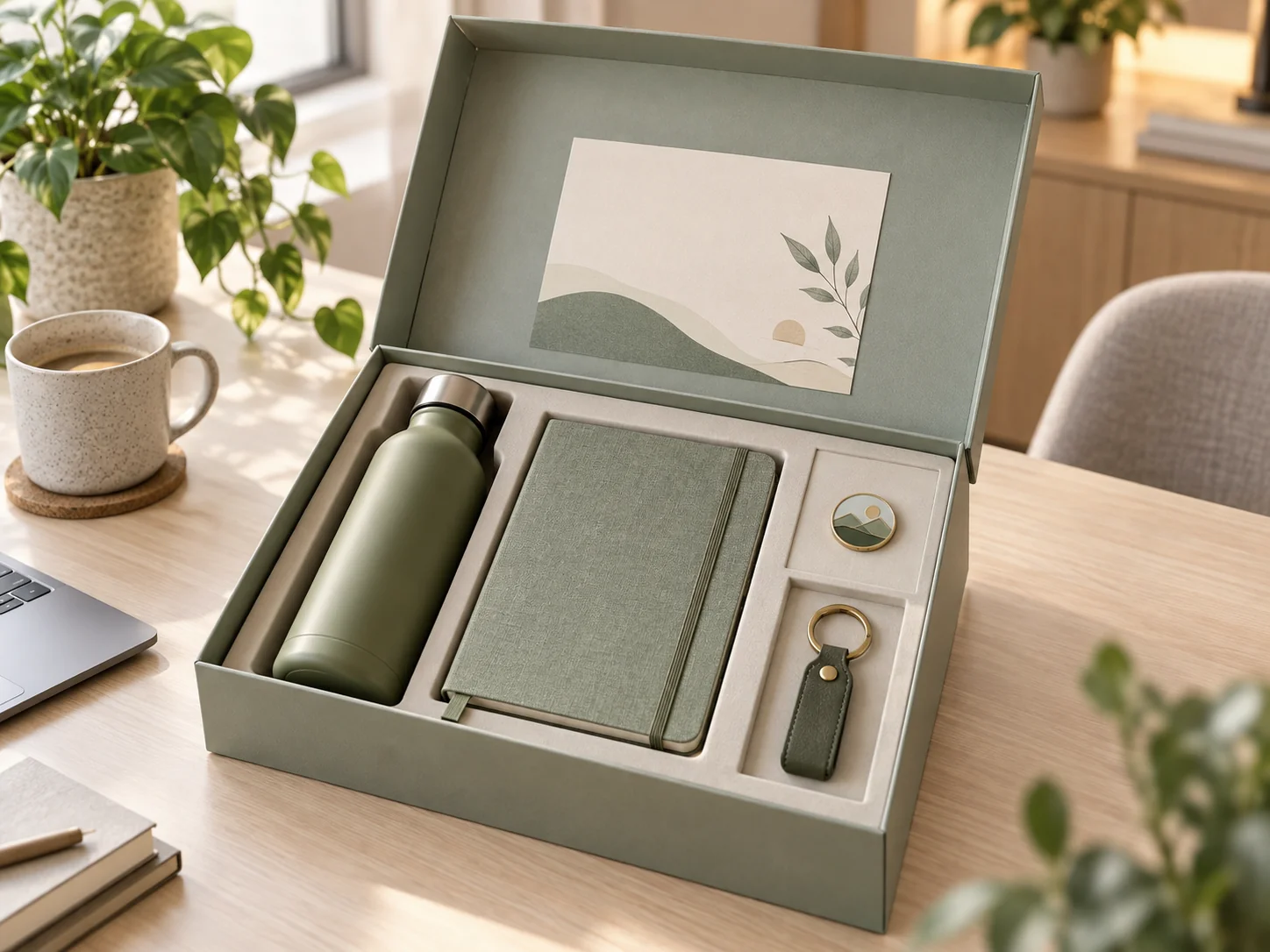 A coordinated employee welcome gift set with practical merchandise and presentation packaging