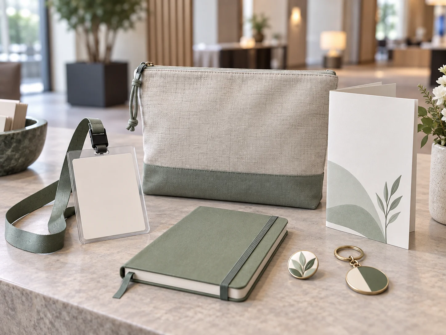 A conference welcome kit with event badge, pin, keychain and useful merchandise