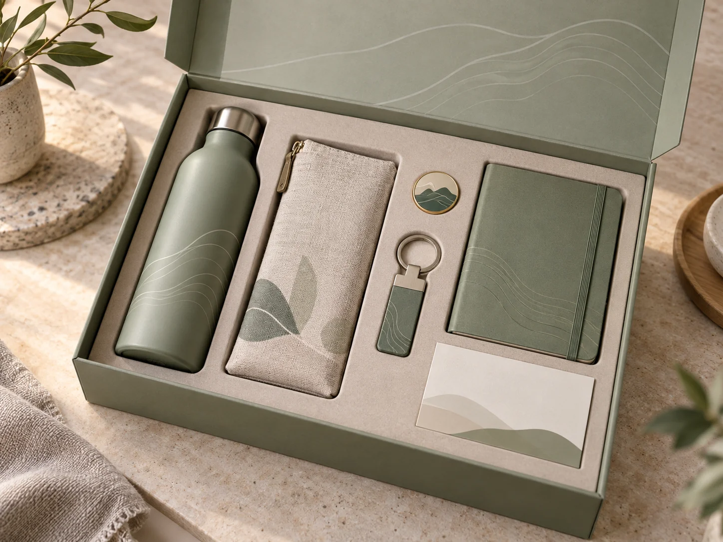 A business promotional gift set with several coordinated products and fitted packaging