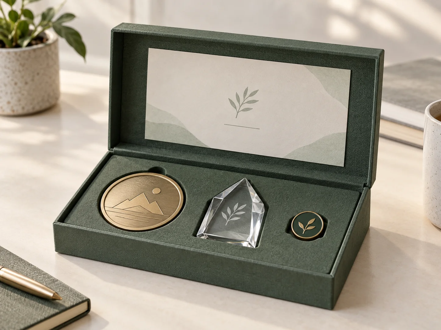 Commemorative coin, crystal recognition piece and pin arranged in a presentation box