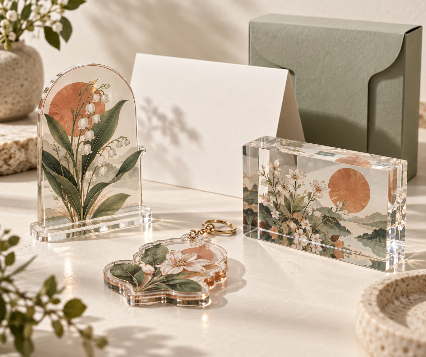 Botanical acrylic standee, charm and transparent keepsake with crisp polished edges