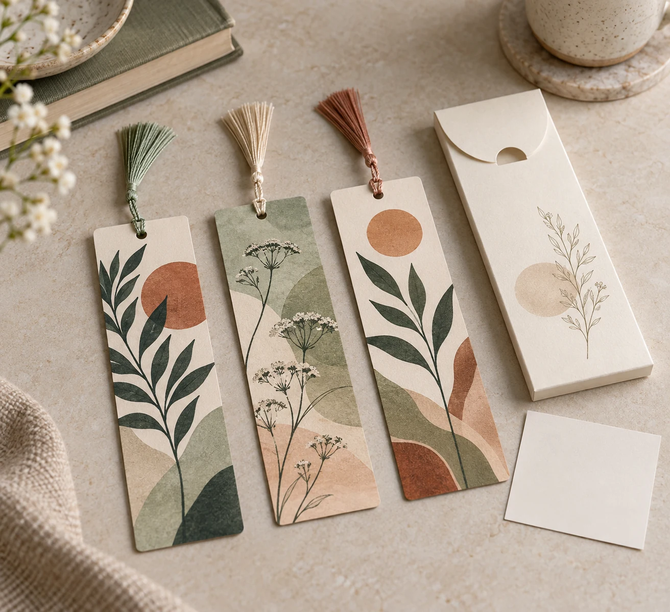 Printed botanical bookmarks with tassels and a blank gift sleeve for online retail