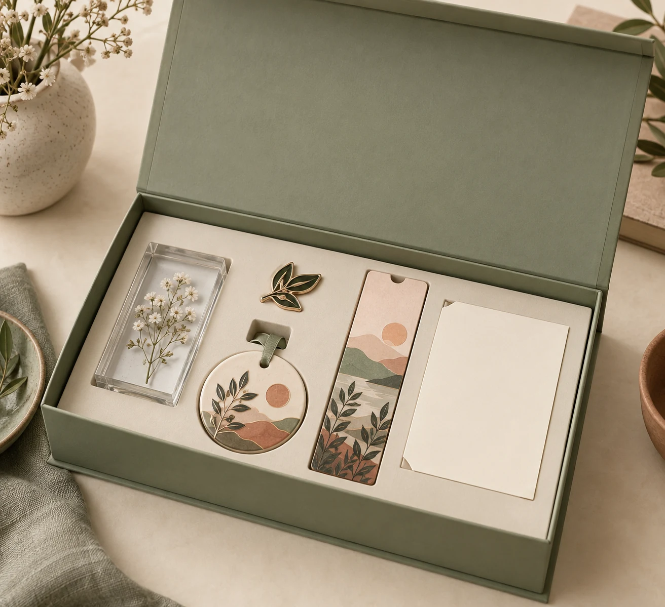 Open fitted presentation box with a coordinated acrylic keepsake, pin, bookmark and ornament
